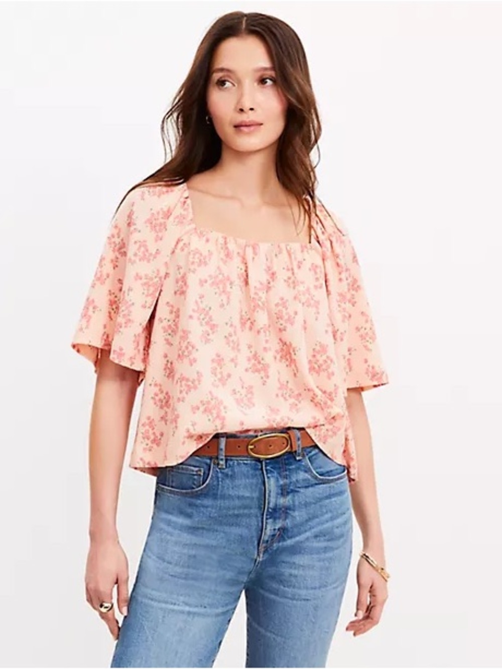 LOFT floral flutter square neck top NWOT